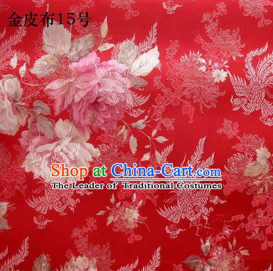 Traditional Asian Chinese Handmade Embroidery Phoenix Pink Peony Satin Tang Suit Red Fabric, Nanjing Brocade Ancient Costume Hanfu Cheongsam Cloth Material