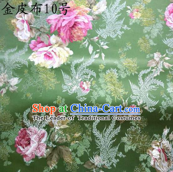 Traditional Asian Chinese Handmade Embroidery Phoenix Pink Peony Satin Tang Suit Green Fabric, Nanjing Brocade Ancient Costume Hanfu Cheongsam Cloth Material