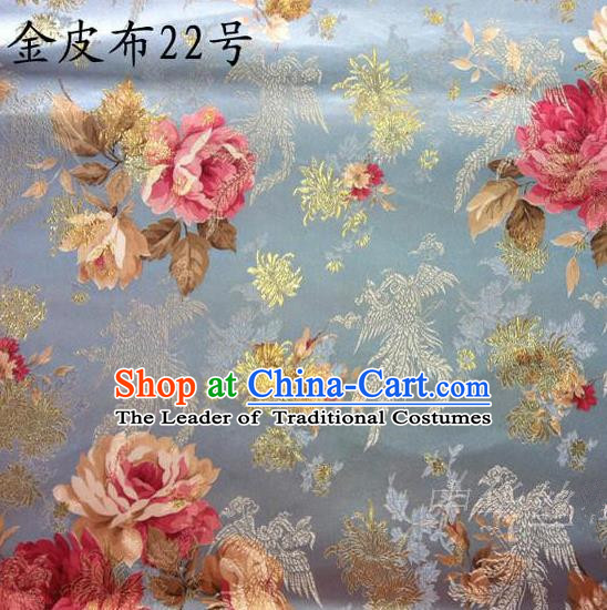Traditional Asian Chinese Handmade Embroidery Phoenix Pink Peony Satin Tang Suit Blue Fabric, Nanjing Brocade Ancient Costume Hanfu Cheongsam Cloth Material