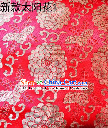 Traditional Asian Chinese Handmade Embroidery Sun Flowers Silk Satin Tang Suit Red Fabric, Nanjing Brocade Ancient Costume Hanfu Cheongsam Cloth Material