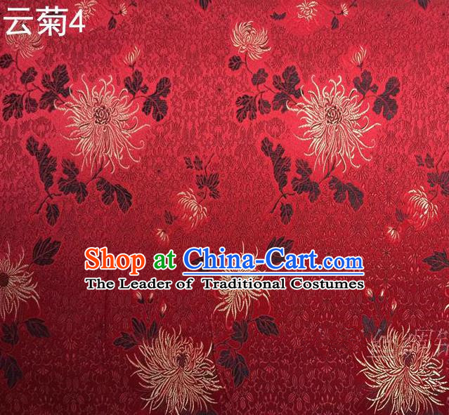 Traditional Asian Chinese Handmade Jacquard Weave Embroidery Chrysanthemum Satin Tang Suit Red Silk Fabric, Top Grade Nanjing Brocade Ancient Costume Hanfu Clothing Fabric Cheongsam Cloth Material