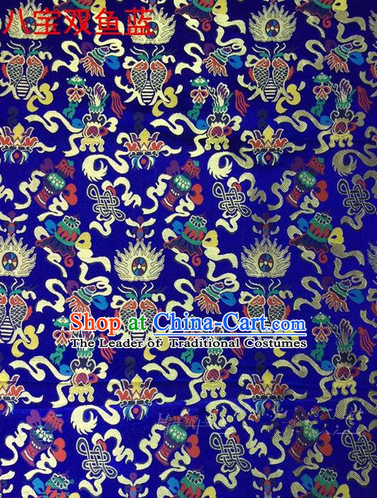 Traditional Asian Chinese Handmade Embroidery Hylotelephium Fishes Satin Xiuhe Suit Royalblue Silk Fabric, Top Grade Nanjing Brocade Ancient Costume Hanfu Clothing Cheongsam Cloth Material