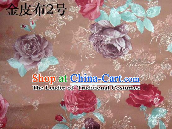 Traditional Asian Chinese Handmade Printing Gold Wire Roses Satin Wedding Tang Suit Brown Silk Fabric, Top Grade Nanjing Brocade Ancient Costume Hanfu Tibetan Clothing Cheongsam Cloth Material