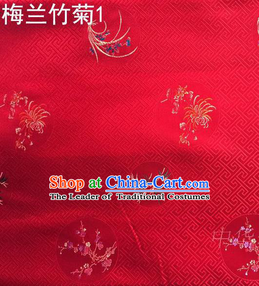 Traditional Asian Chinese Handmade Printing Plum Blossoms Orchid Bamboo and Chrysanthemum Satin Tang Suit Red Fabric, Nanjing Brocade Ancient Costume Hanfu Cheongsam Cloth Material