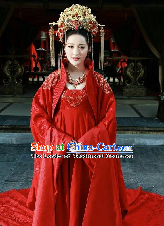 Asian Chinese Traditional Ming Dynasty Imperial Princess Wedding Costume and Headpiece Complete Set, China Elegant Hanfu Bride Embroidery Dress Clothing