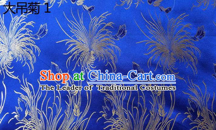 Traditional Asian Chinese Handmade Embroidery Chrysanthemum Flowers Silk Satin Tang Suit Blue Tibetan Fabric, Nanjing Brocade Ancient Costume Hanfu Cheongsam Cloth Material