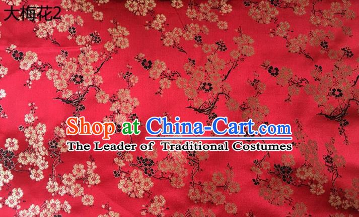 Traditional Asian Chinese Handmade Embroidery Plum Blossom Flowers Silk Satin Tang Suit Red Fabric, Nanjing Brocade Ancient Costume Hanfu Cheongsam Cloth Material