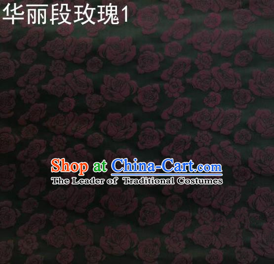 Traditional Asian Chinese Handmade Embroidery Roses Silk Satin Tang Suit Black Fabric, Nanjing Brocade Ancient Costume Hanfu Cheongsam Cloth Material