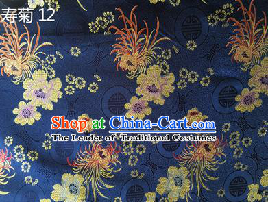 Traditional Asian Chinese Handmade Embroidery Marguerite Flowers Silk Satin Tang Suit Navy Fabric Drapery, Nanjing Brocade Ancient Costume Hanfu Cheongsam Cloth Material