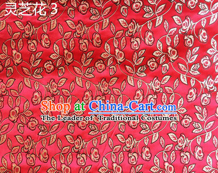Traditional Asian Chinese Handmade Embroidery Ganoderma Flowers Silk Satin Tang Suit Red Fabric Drapery, Nanjing Brocade Ancient Costume Hanfu Cheongsam Cloth Material