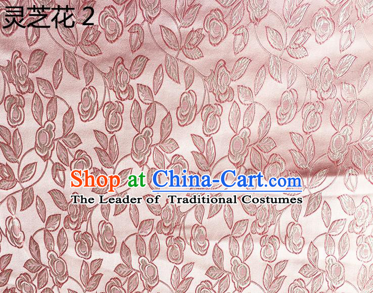 Traditional Asian Chinese Handmade Embroidery Ganoderma Flowers Silk Satin Tang Suit Pink Fabric Drapery, Nanjing Brocade Ancient Costume Hanfu Cheongsam Cloth Material