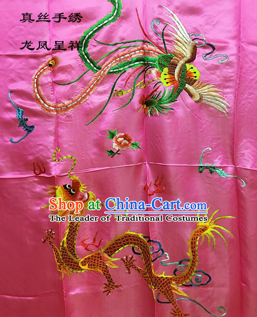 Traditional Asian Chinese Handmade Embroidery Dragon and Phoenix Quilt Cover Silk Tapestry Peach Pink Fabric Drapery, Top Grade Nanjing Brocade Bed Sheet Cloth Material