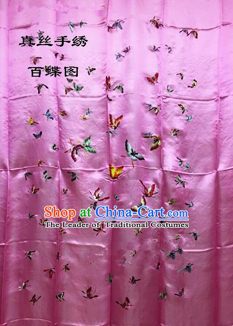 Traditional Asian Chinese Handmade Embroidery Hundred Butterfly Quilt Cover Silk Tapestry Pink Fabric Drapery, Top Grade Nanjing Brocade Bed Sheet Cloth Material