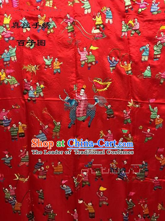 Traditional Asian Chinese Handmade Embroidery Hundred Sons Quilt Cover Silk Tapestry Red Fabric Drapery, Top Grade Nanjing Brocade Bed Sheet Cloth Material