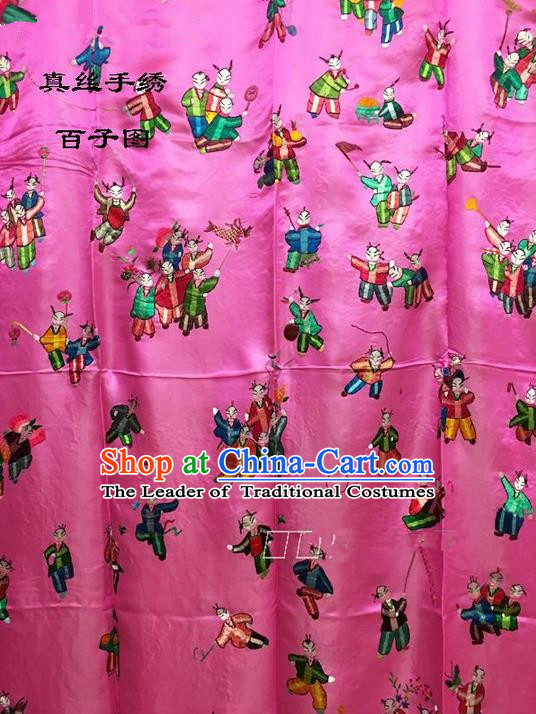 Traditional Asian Chinese Handmade Embroidery Hundred Sons Quilt Cover Silk Tapestry Pink Fabric Drapery, Top Grade Nanjing Brocade Bed Sheet Cloth Material