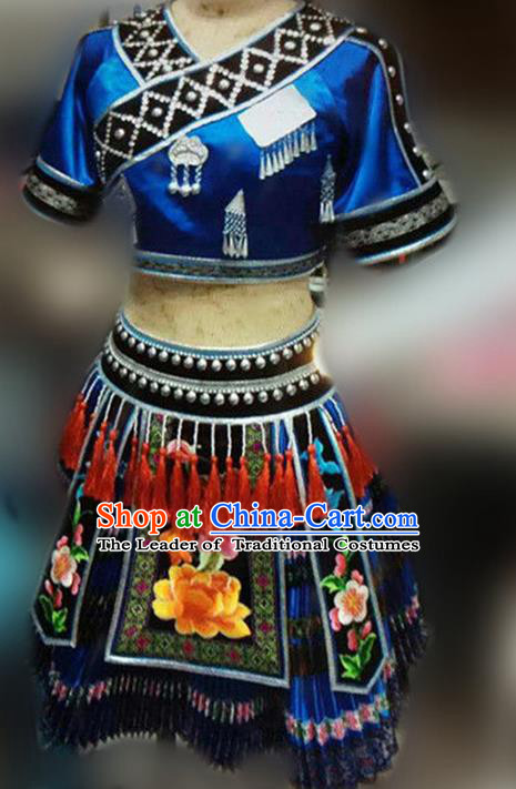 Traditional Chinese Miao Nationality Dance Costume, Hmong Female Folk Dance Ethnic Pleated Skirt, Chinese Minority Nationality Embroidery Costume for Women