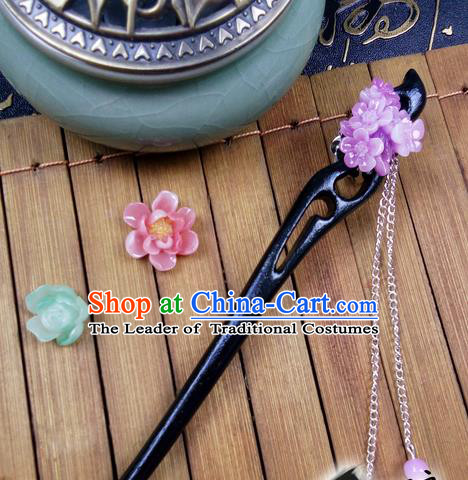 Traditional Handmade Chinese Ancient Classical Hair Accessories Ebony Hairpins, Princess Purple Oriental Cherry Tassel Step Shake Headpiece for Women