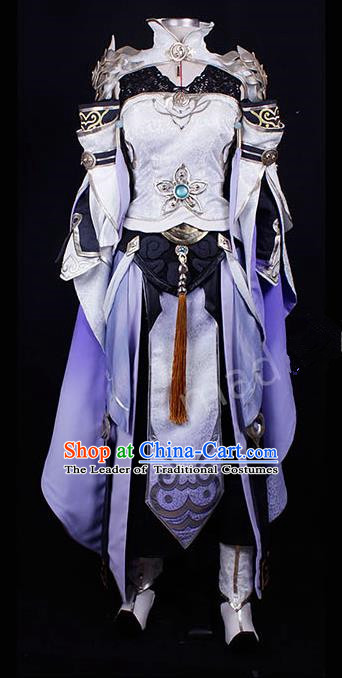 Asian Chinese Traditional Cospaly Costume Customization Female General Costume, China Elegant Hanfu Purple Dress Clothing for Women