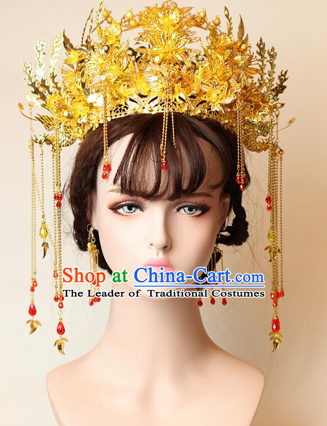 Chinese Ancient Style Hair Jewelry Accessories Wedding Tassel Hairpins, Hanfu Xiuhe Suits Step Shake Bride Handmade Phoenix Coronet Hair Fascinators for Women