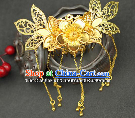 Asian Chinese Ancient Style Hair Jewelry Accessories Wedding Tassel Golden Hair Comb, Step Shake Hanfu Xiuhe Suits Bride Handmade Hair Sticks for Women