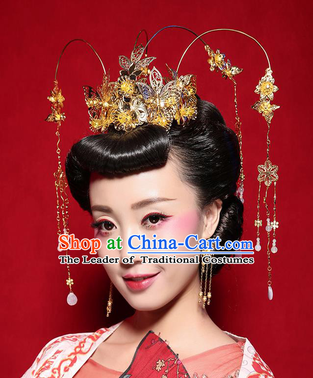 Chinese Ancient Style Hair Jewelry Accessories Wedding Tassel Hairpins, Hanfu Xiuhe Suits Step Shake Bride Handmade Phoenix Coronet for Women