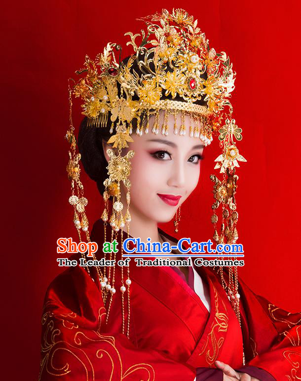 Chinese Ancient Style Hair Jewelry Accessories Wedding Luxury Tassel Hairpins, Hanfu Xiuhe Suits Step Shake Bride Tuinga Handmade Phoenix Coronet Complete Set for Women