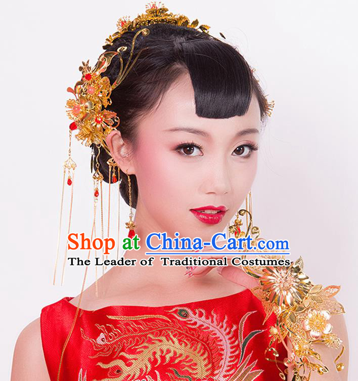 Chinese Ancient Style Hair Jewelry Accessories Wedding Flower Tassel Hair Stick, Hanfu Xiuhe Suits Bride Handmade Hairpins Complete Set for Women