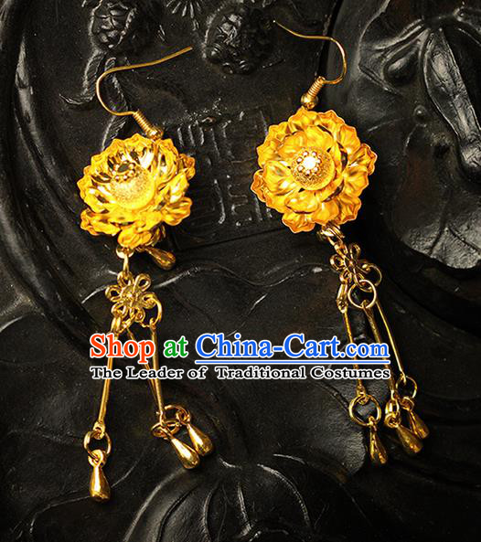 Chinese Ancient Style Hair Jewelry Accessories Wedding Imperial Consort Flower Earrings, Hanfu Xiuhe Suits Bride Handmade Golden Eardrop for Women