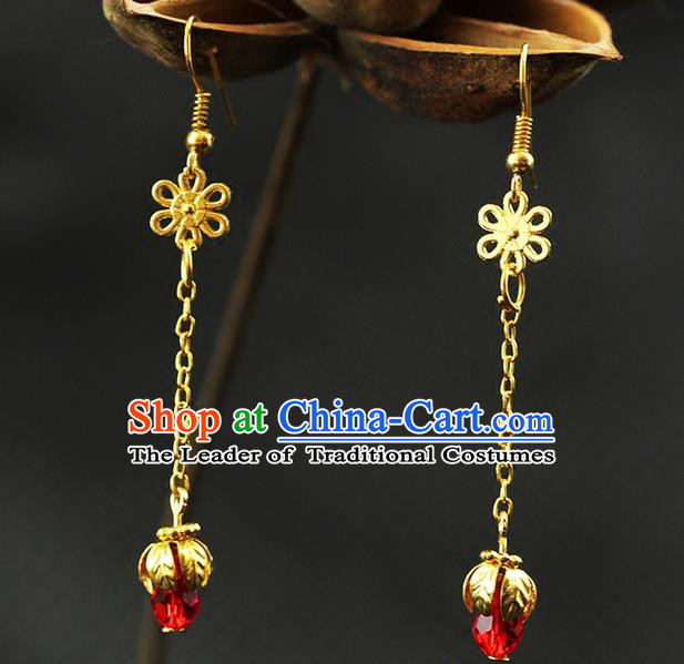 Chinese Ancient Style Hair Jewelry Accessories Wedding Imperial Consort Red Bead Earrings, Hanfu Xiuhe Suits Bride Handmade Golden Eardrop for Women