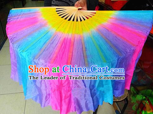Pure Silk Traditional Chinese Fans Oriental Colorful Ribbon Folding Fan Folk Dance Cultural Yangko Dance Hand Fan