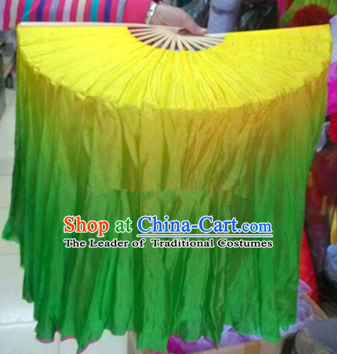 Pure Silk Traditional Chinese Fans Oriental Green Long Ribbon Folding Fan Folk Dance Cultural Yangko Dance Hand Fan