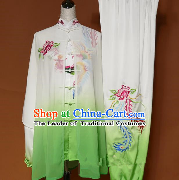 Top Grade Kung Fu Costume Asian Chinese Martial Arts Tai Chi Training White Uniform, China Embroidery Peony Phoenix Gongfu Shaolin Wushu Clothing for Women