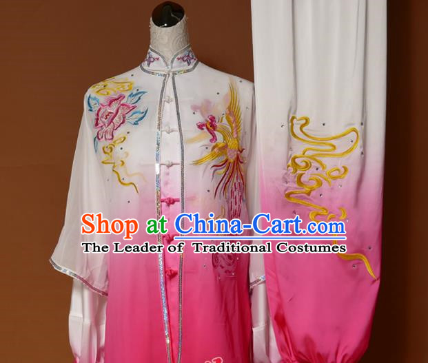 Top Grade Kung Fu Costume Asian Chinese Martial Arts Tai Chi Training Pink Uniform, China Embroidery Phoenix Peony Gongfu Shaolin Wushu Clothing for Women