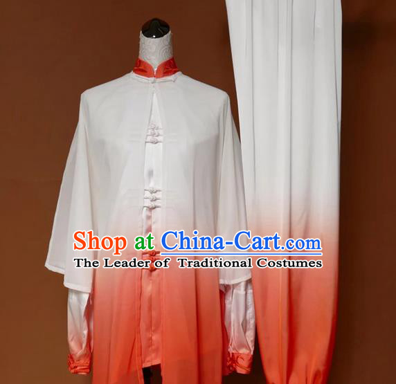 Asian Chinese Top Grade Silk Kung Fu Costume Martial Arts Tai Chi Training Suit, China Gongfu Shaolin Wushu Gradient Orange Uniform for Women