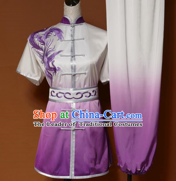Top Grade Kung Fu Costume Asian Chinese Martial Arts Tai Chi Training Purple Uniform, China Embroidery Phoenix Gongfu Shaolin Wushu Clothing for Women