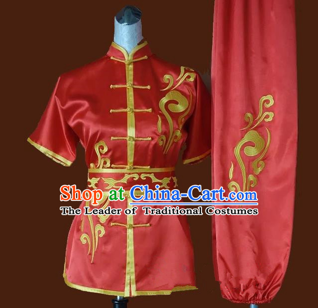 Top Grade Kung Fu Silk Costume Asian Chinese Martial Arts Tai Chi Training Red Uniform, China Embroidery Gongfu Shaolin Wushu Clothing for Women