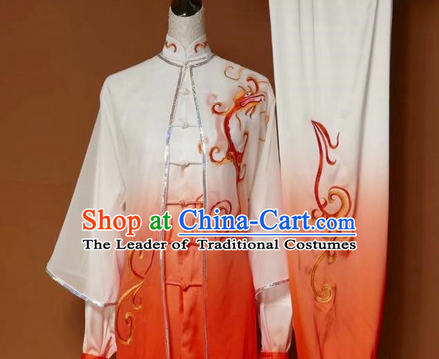 Top Grade Kung Fu Silk Costume Asian Chinese Martial Arts Tai Chi Training Orange Uniform, China Embroidery Dragon Gongfu Shaolin Wushu Clothing for Men