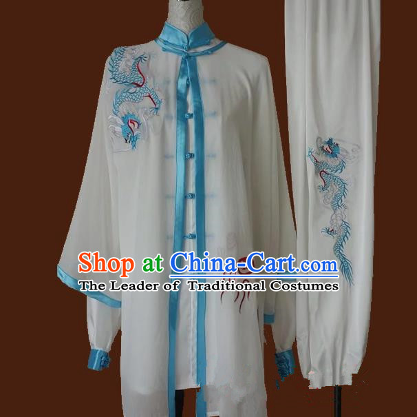 Top Grade Kung Fu Silk Costume Asian Chinese Martial Arts Tai Chi Training Uniform, China Embroidery Light Blue Dragon Gongfu Shaolin Wushu Clothing for Men for Women