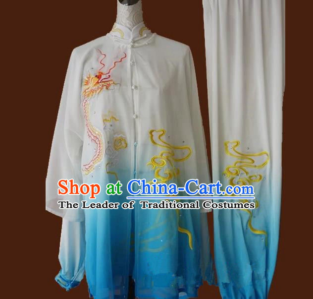 Top Grade Kung Fu Silk Costume Asian Chinese Martial Arts Tai Chi Training Gradient Blue Uniform, China Embroidery Dragon Gongfu Shaolin Wushu Clothing for Men for Women