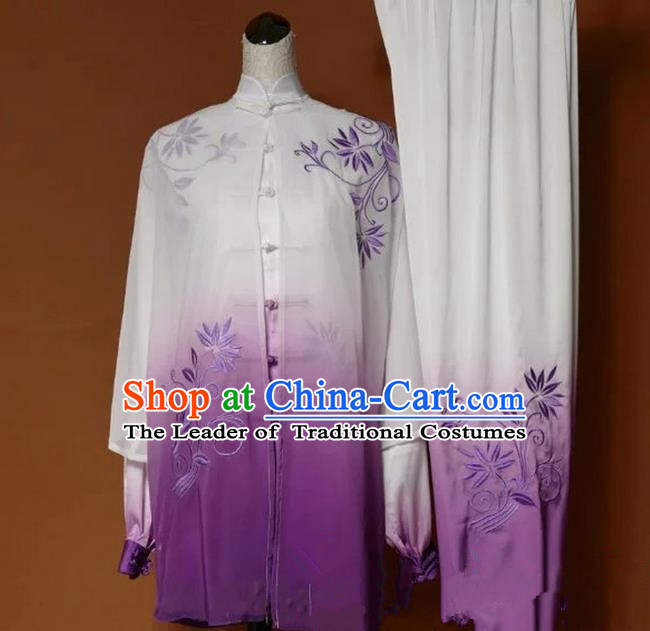 Top Grade Kung Fu Silk Costume Asian Chinese Martial Arts Tai Chi Training Gradient Purple Uniform, China Embroidery Leaf Gongfu Shaolin Wushu Clothing for Women