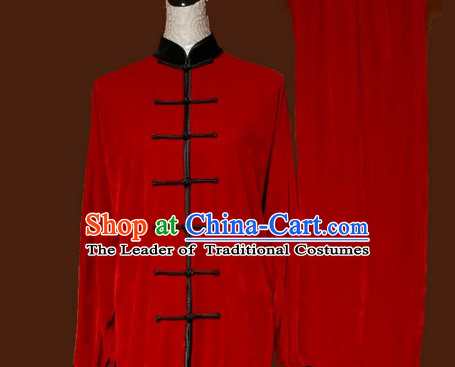 Top Grade Kung Fu Velvet Costume Asian Chinese Martial Arts Tai Chi Training Red Uniform, China Plated Buttons Gongfu Shaolin Wushu Clothing for Women