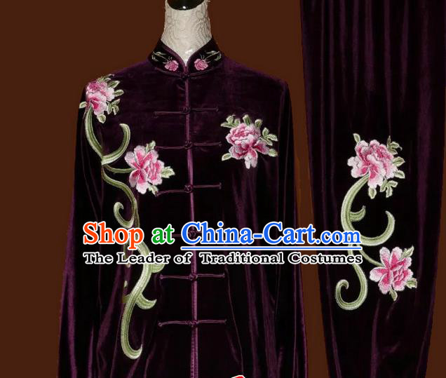Top Grade Kung Fu Velvet Costume Asian Chinese Martial Arts Tai Chi Training Purple Uniform, China Embroidery Peony Gongfu Shaolin Wushu Clothing for Women