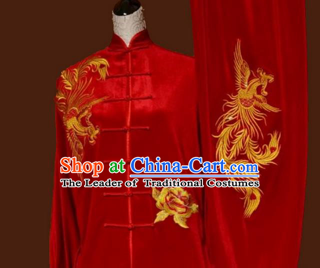 Asian Chinese Top Grade Velvet Kung Fu Costume Martial Arts Tai Chi Training Red Uniform, China Embroidery Phoenix Gongfu Shaolin Wushu Clothing for Women