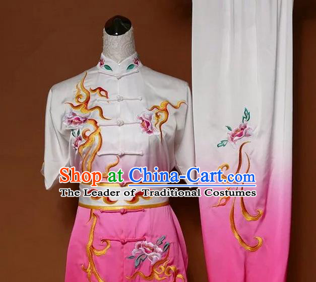 Asian Chinese Top Grade Silk Kung Fu Costume Martial Arts Tai Chi Training Gradient Pink Uniform, China Embroidery Peony Gongfu Shaolin Wushu Clothing for Women