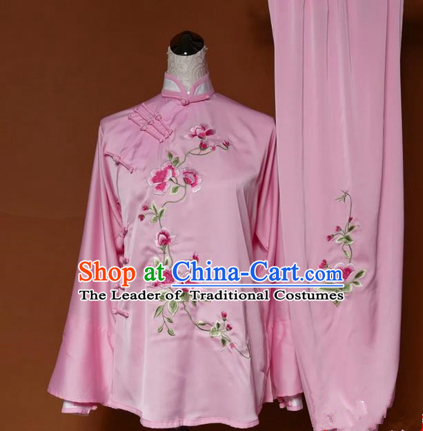 Asian Chinese Top Grade Silk Kung Fu Costume Martial Arts Tai Chi Training Pink Slant Opening Uniform, China Embroidery Peony Gongfu Shaolin Wushu Clothing for Women