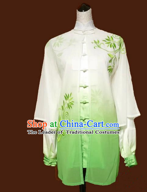 Asian Chinese Top Grade Linen Kung Fu Costume Martial Arts Tai Chi Training Suit, China Gongfu Shaolin Wushu Embroidery Bamboo Leaves Gradient Green Uniform for Women