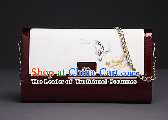 Traditional Handmade Asian Chinese Element Clutch Bags Folding Wallet National Printing Fish Red Chain Handbag for Women