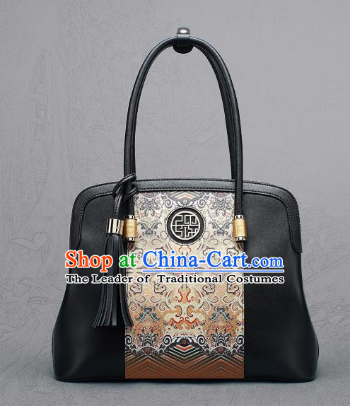 Traditional Handmade Asian Chinese Element Clutch Bags Shoulder Bag National Black Printing Handbag for Women