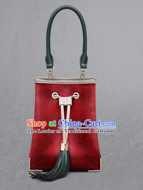 Traditional Handmade Asian Chinese Element Clutch Bucket Bags Shoulder Bag Printing National Red Handbag for Women