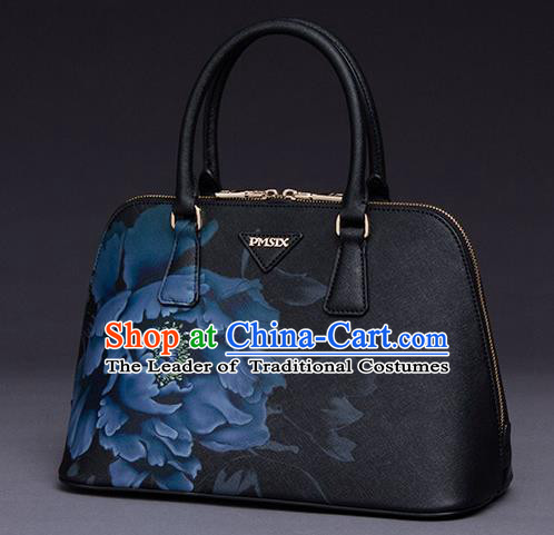 Traditional Handmade Asian Chinese Element Printing Peony Shoulder Bags National Black Handbag for Women